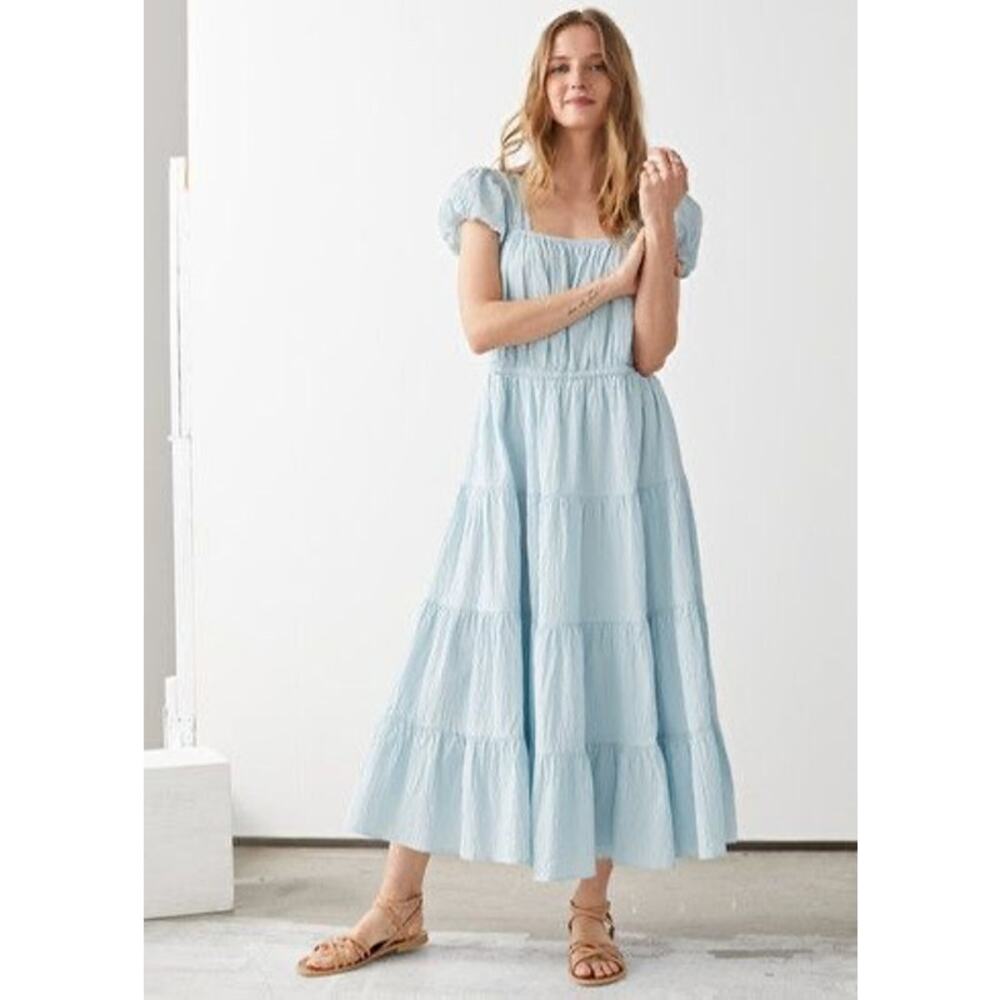 & Other Stories Crinkled Blue Bohemian Tiered Maxi Dress Sz Small